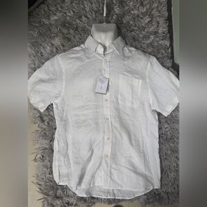 Porter & Ash White Linen Button-Up Short Sleeve Casual Dress Shirt Large